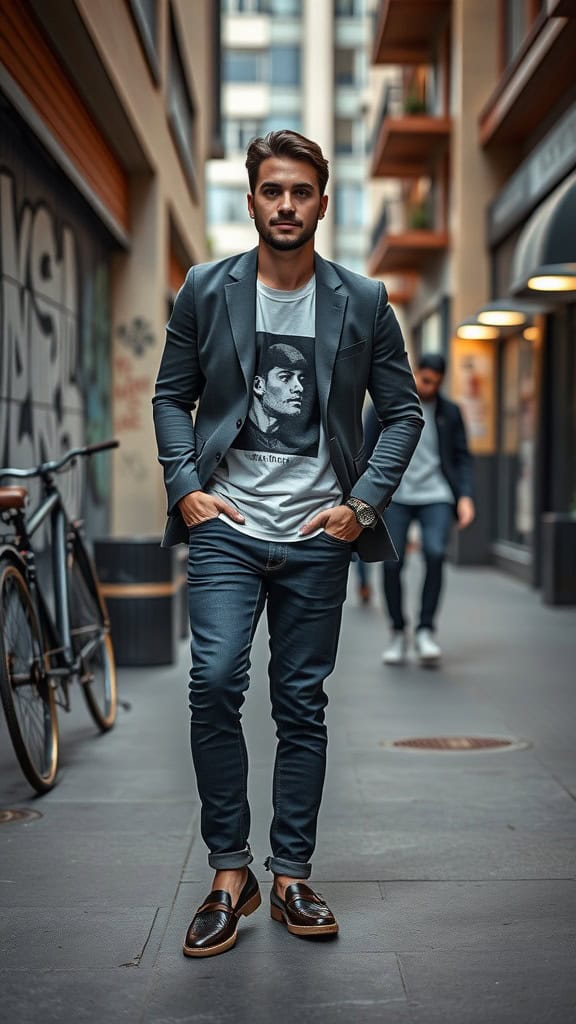 A man wearing a blazer, graphic tee, dark jeans, and loafers, walking in a city alley.