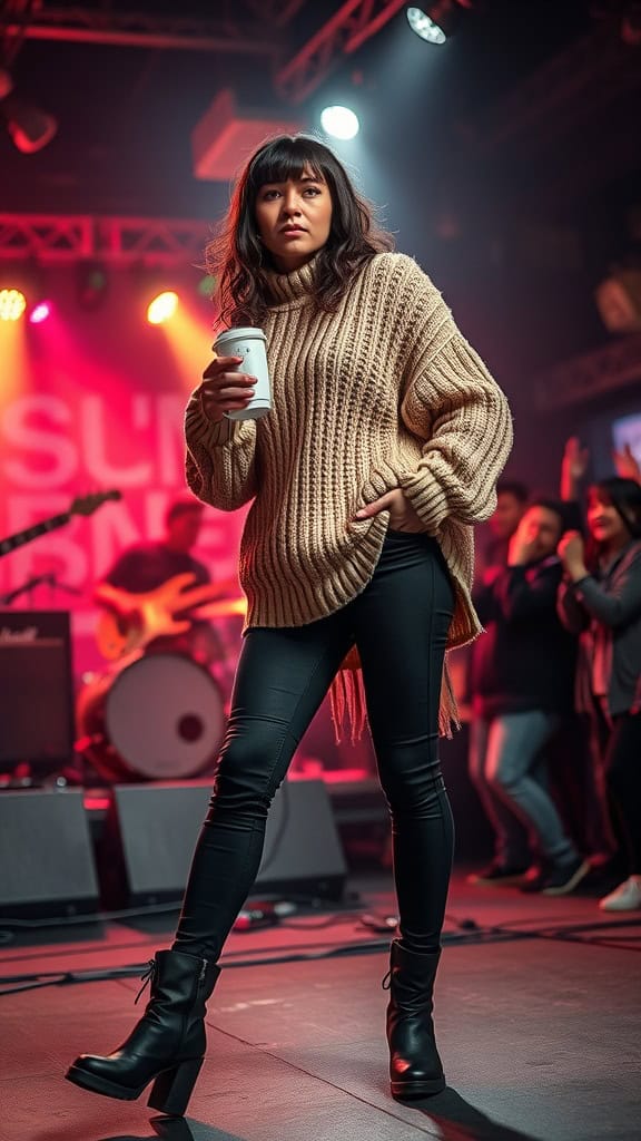 A woman wearing a chunky knit sweater and black leggings, holding a coffee cup at a concert.