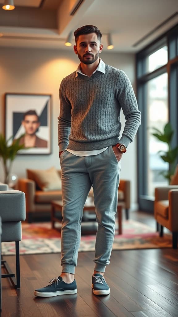 A man wearing a grey knitted sweater, grey joggers, and slip-on shoes, standing in a stylish indoor space.