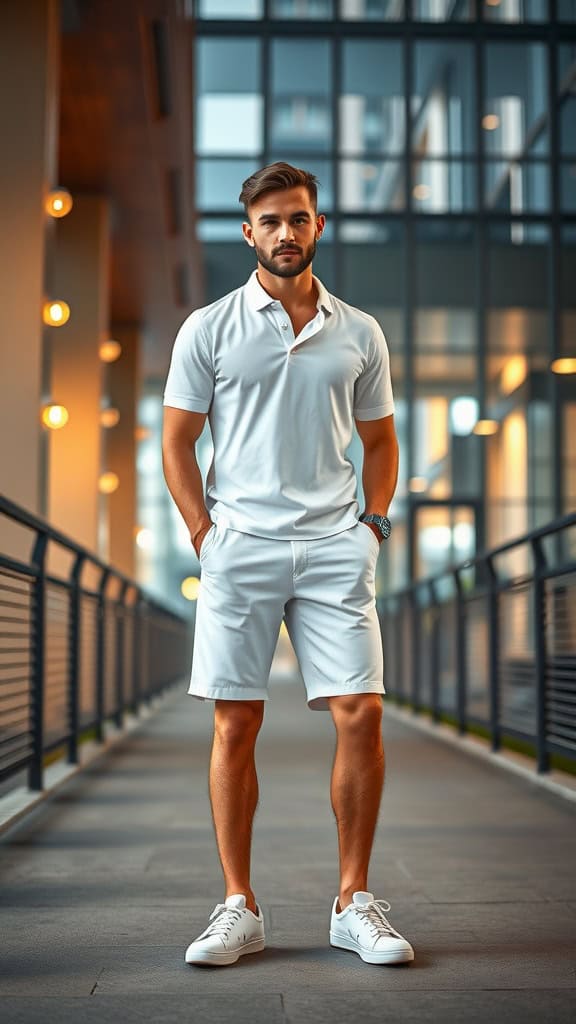 A man in an all-white outfit featuring a white polo, white shorts, and white sneakers, standing confidently in an urban setting.