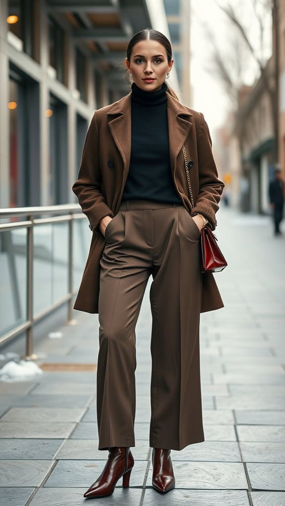 A woman wearing a fitted turtleneck and modern culottes, exuding elegance and sophistication in a city setting.