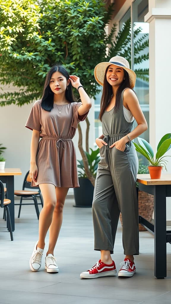 Two women in a relaxed dress and jumpsuit, showcasing chic daytime date outfits.