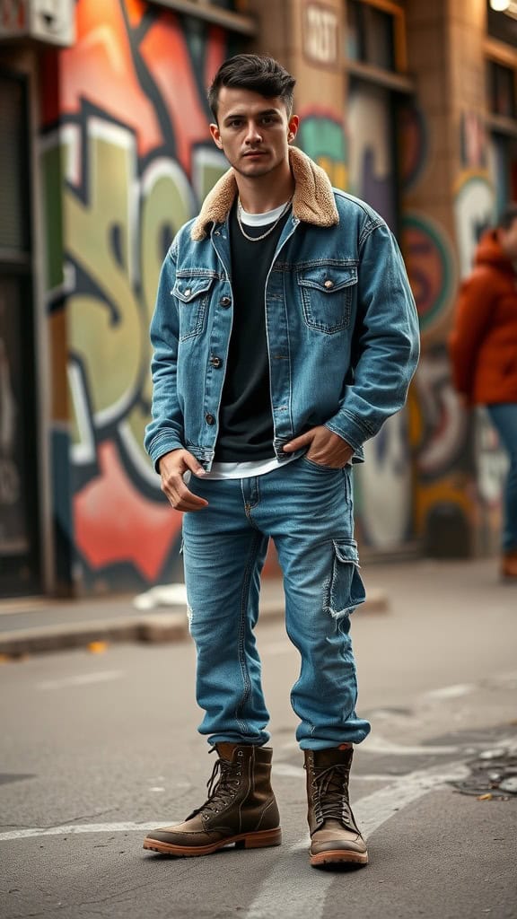 A man wearing an oversized denim jacket with a sherpa collar, baggy jeans, and rugged boots standing in front of a colorful graffiti background.