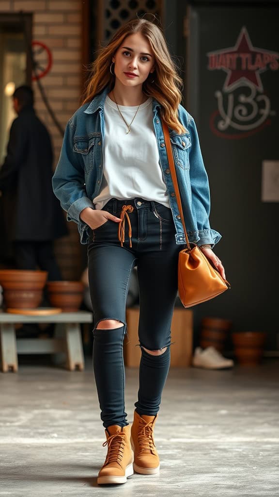 A woman wearing a denim jacket over a white t-shirt, paired with dark skinny jeans and tan boots, showcasing a casual outfit.