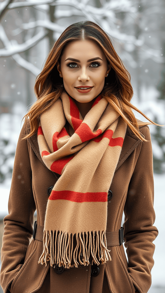 A mannequin wearing a stylish double-breasted coat and a warm blanket scarf in a snowy city setting.