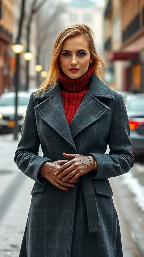 A stylish woman wearing a double-breasted coat and leather gloves, with a vibrant red turtleneck, set against a city backdrop.