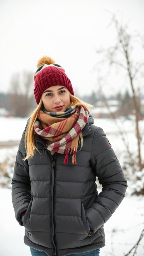 A woman wearing a black down jacket, a red beanie hat, and a plaid scarf, standing in a snowy landscape.