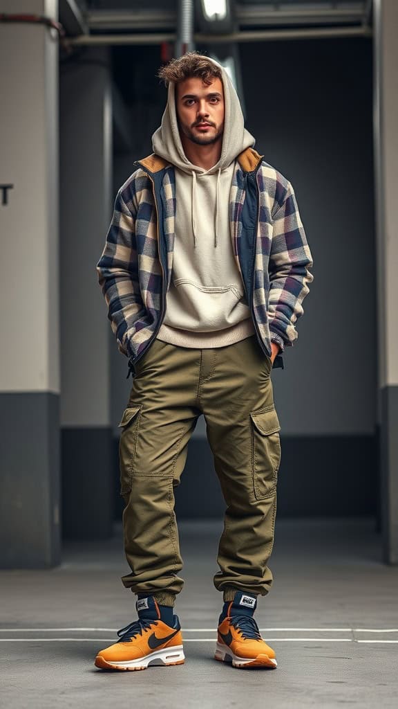 A man wearing a baggy olive cargos, beige hoodie, and a flannel jacket, styled with orange sneakers.