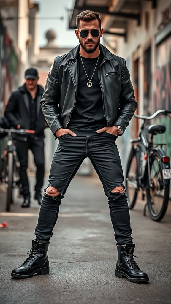 A man in an all-black outfit featuring a leather jacket, ripped black jeans, and biker boots, posing confidently in a street setting.