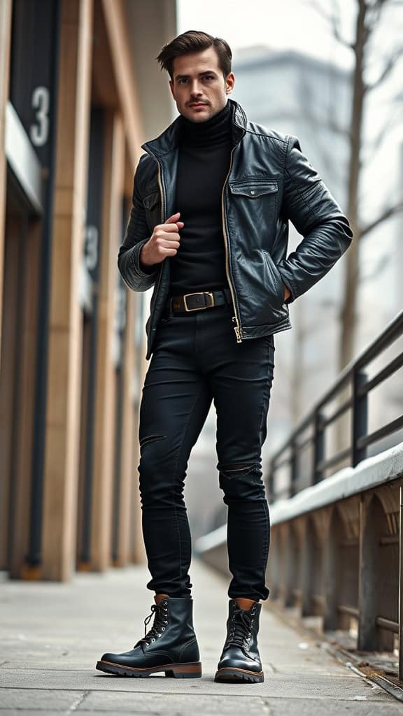 A man wearing a black leather jacket, black thermal top, black jeans, and combat boots, posing in an urban setting.