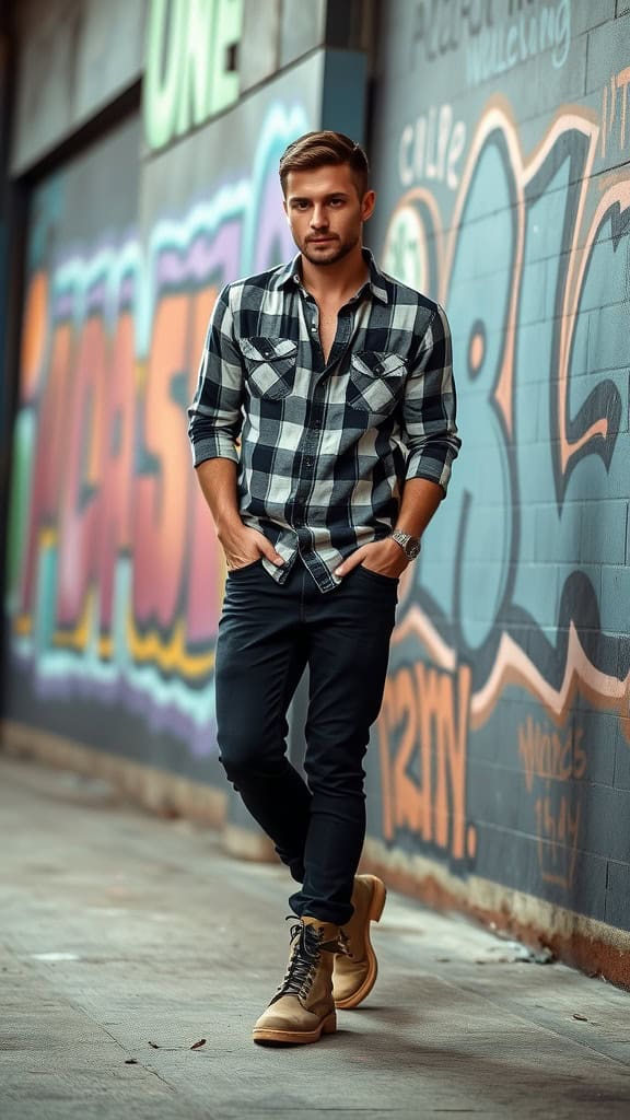 A man in a plaid shirt, black jeans, and combat boots stands casually against a colorful graffiti wall.