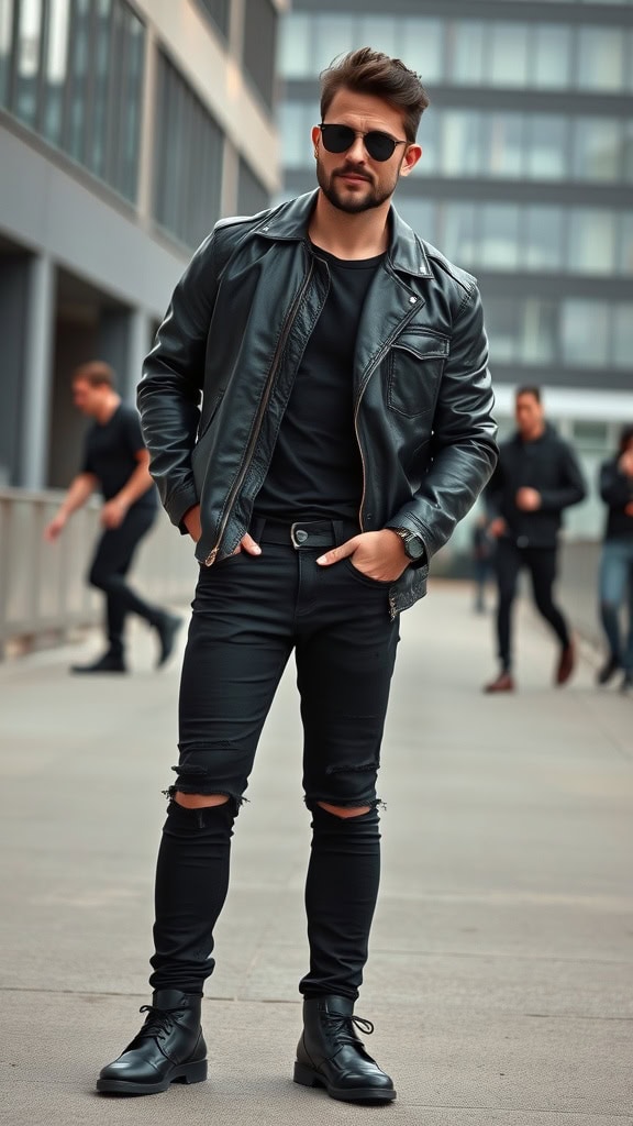 Man wearing a black leather jacket and ripped jeans with sunglasses