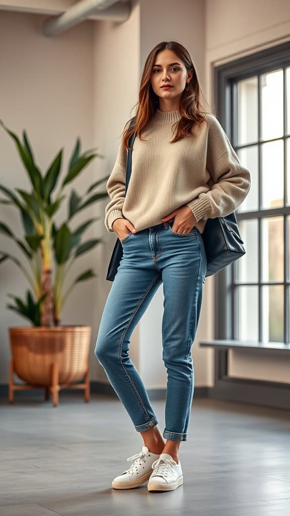 A woman wearing a beige sweater and blue jeans, styled casually with white sneakers, set in a modern indoor environment.