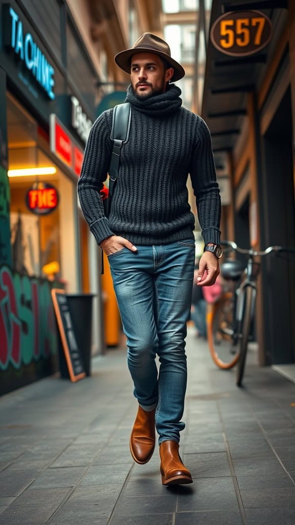 A man walking in a city street wearing a chunky knit sweater, slim jeans, and Chelsea boots.