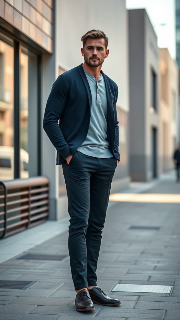 A man wearing a Henley shirt and cardigan with black trousers, showcasing effortless layering style.