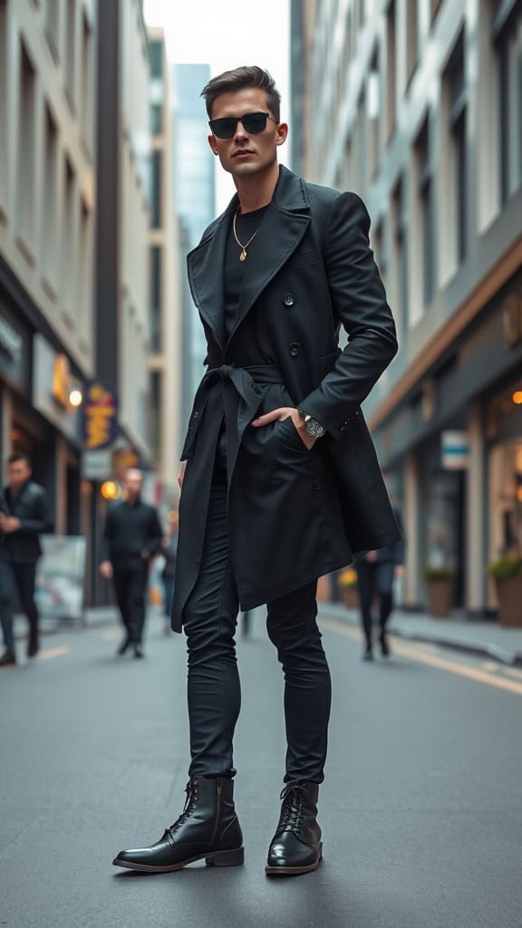 A stylish man wearing a black trench coat, slim-fit pants, and boots, standing confidently in an urban setting.