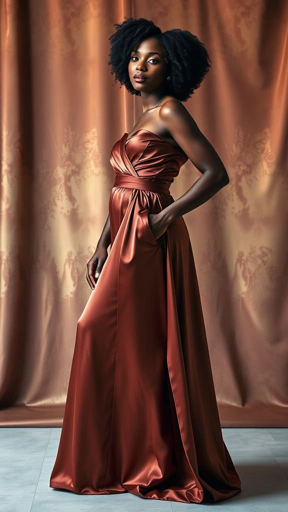 A woman modeling a floor-length satin evening gown in a warm shade, set against a soft backdrop.