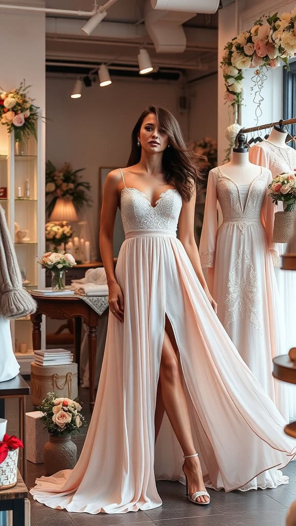 Elegant flowing gown displayed in a boutique, perfect for weddings