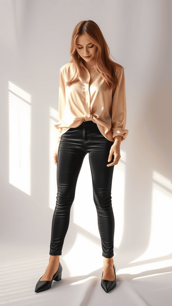 A woman wearing a silk blouse and velvet leggings with pointed-toe flats, exuding an elegant style.