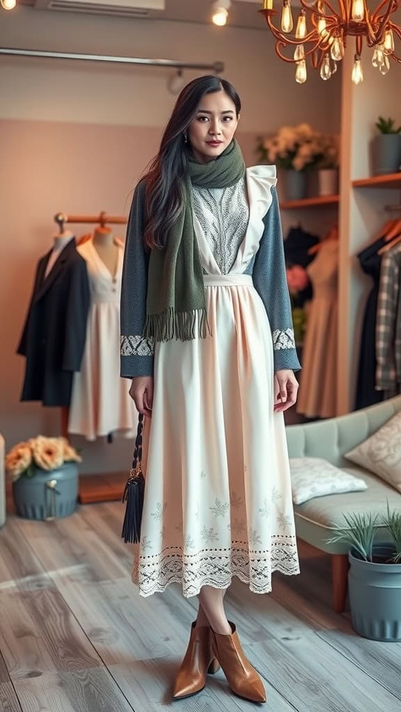 A woman wearing a knee-length dress complemented by a cardigan in a cozy boutique setting.