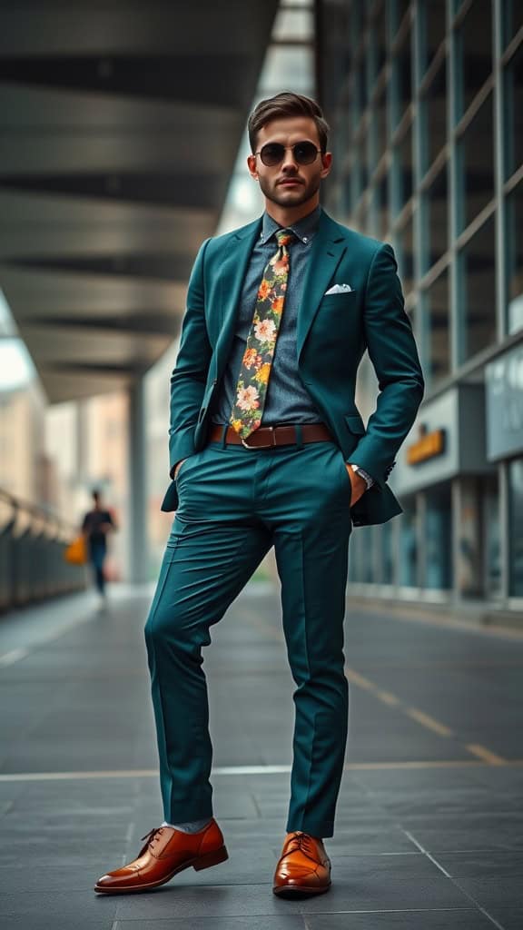 A man wearing a deep emerald green suit, a floral tie, and tan brogues, standing confidently in a modern urban setting.