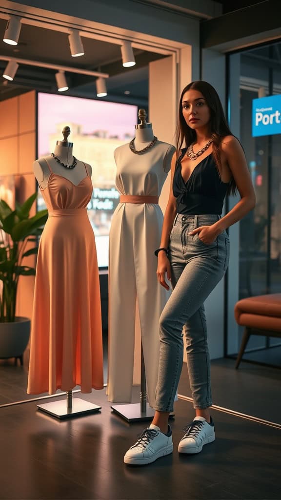 A stylish woman poses next to elegant dresses displayed on mannequins, showcasing a mix of casual and glamorous outfit ideas.