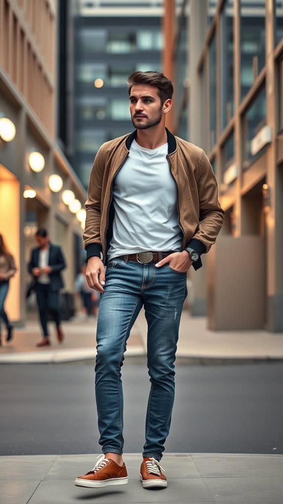 A stylish man wearing a white tee, bomber jacket, and slim-fit jeans, standing confidently in an urban setting.