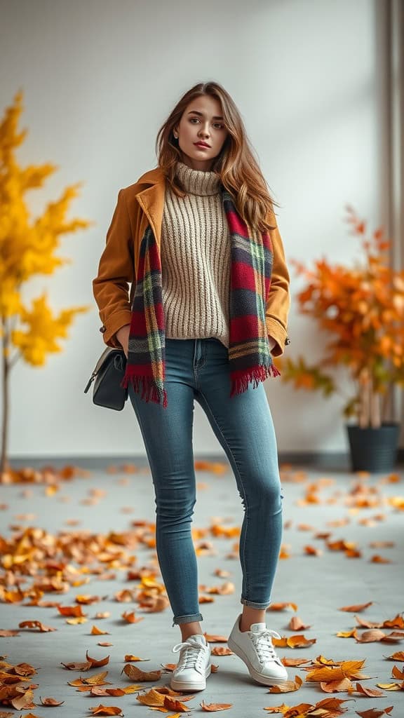 A woman wearing a tan trench coat, a chunky knit sweater, and skinny jeans, standing among autumn leaves.