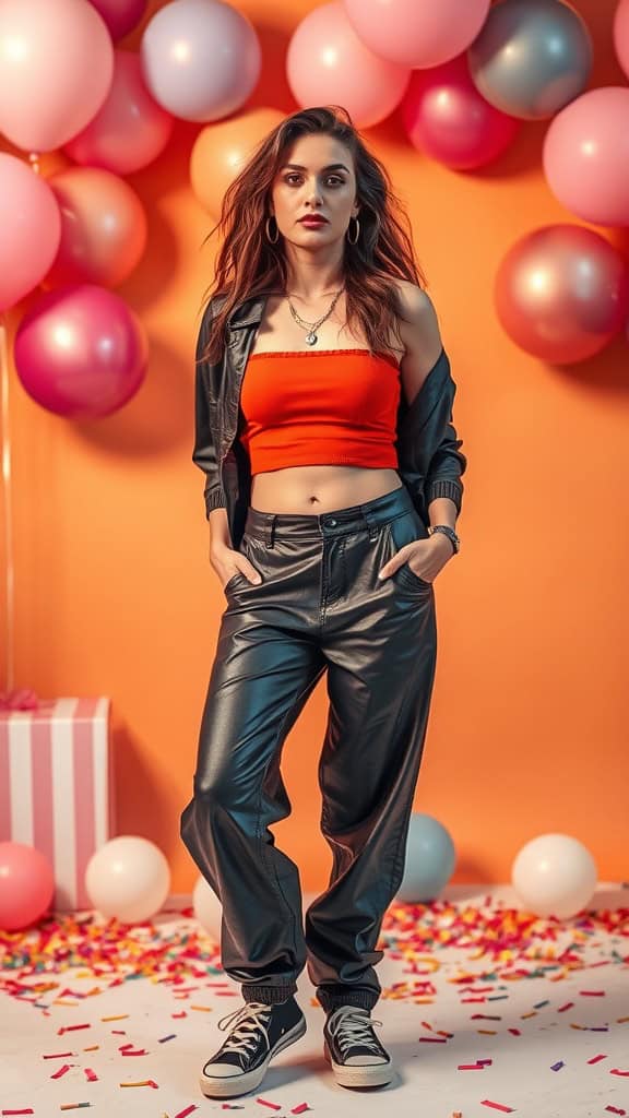 A young woman wearing an edgy faux leather outfit with balloons in the background, celebrating a birthday.