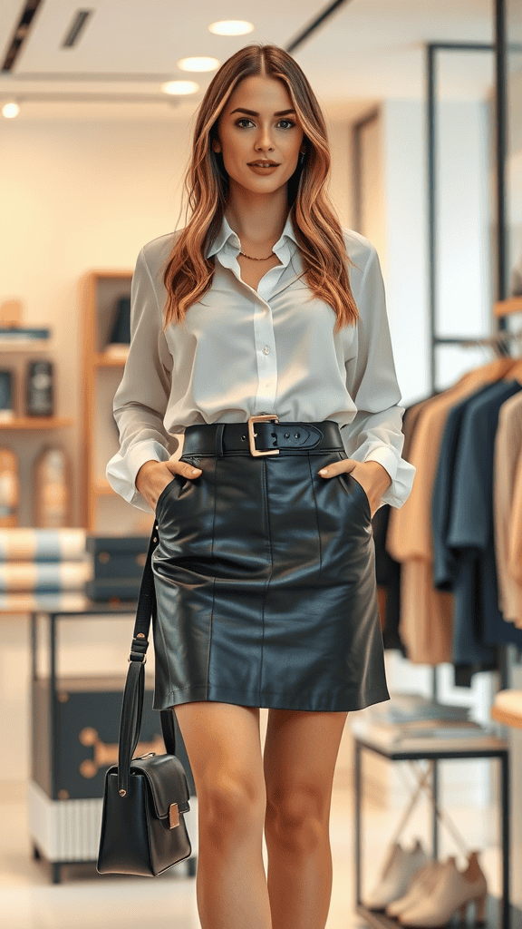 A woman wearing a faux leather skirt and a stylish blouse, posing in a fashion boutique.