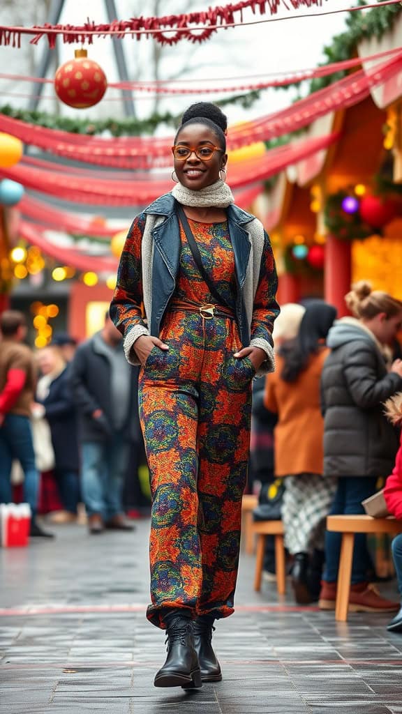 A Black woman in a vibrant Ankara jumpsuit walking through a festive market