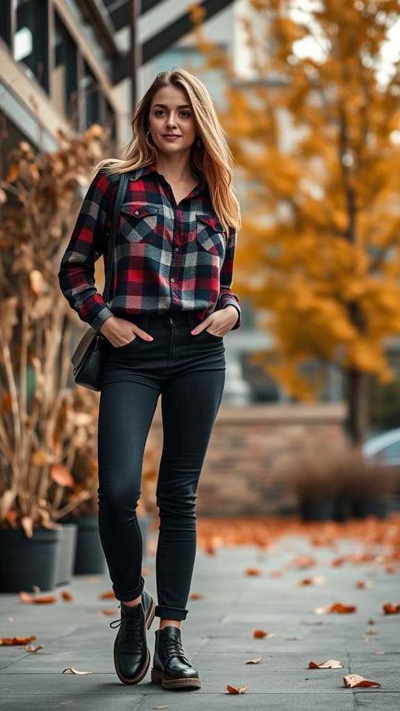 A young woman wearing a flannel shirt and black jeans walking outdoors in autumn.