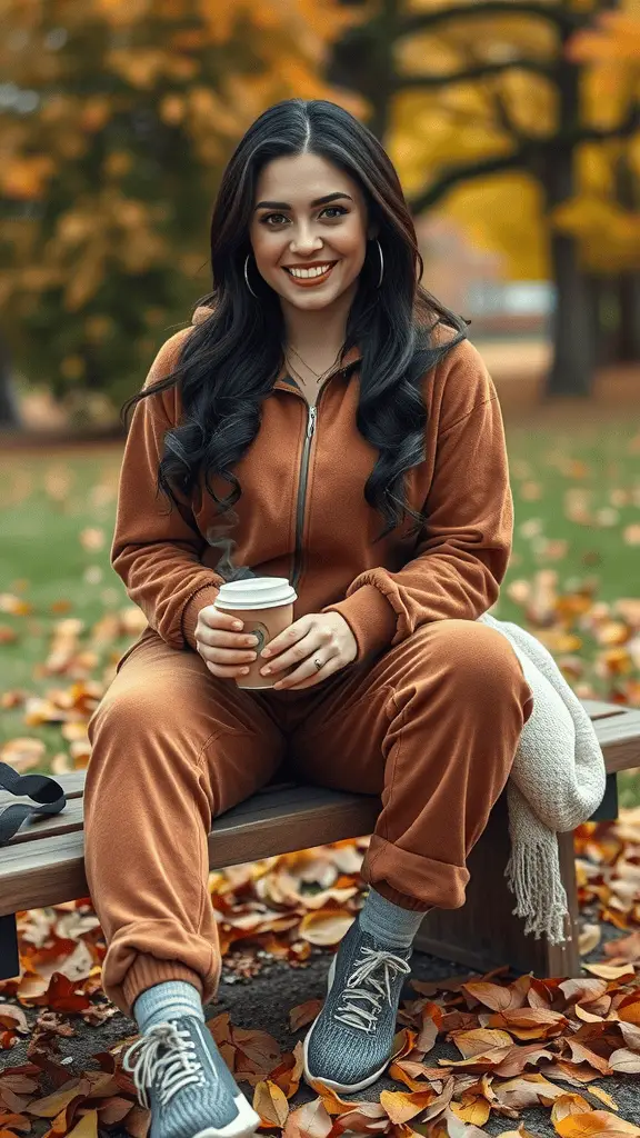 A woman in a light blue fleece-lined tracksuit sitting on a bench surrounded by autumn leaves, looking warm and relaxed.