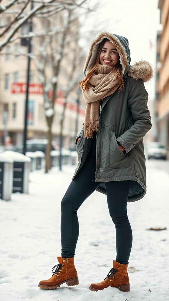 A woman smiling in a cozy parka and fleece-lined leggings, standing in a snowy city street.