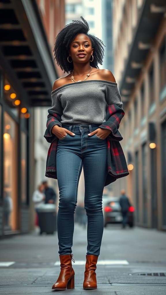 A stylish Black woman wearing an off-shoulder top and high-waist jeans in an urban setting.