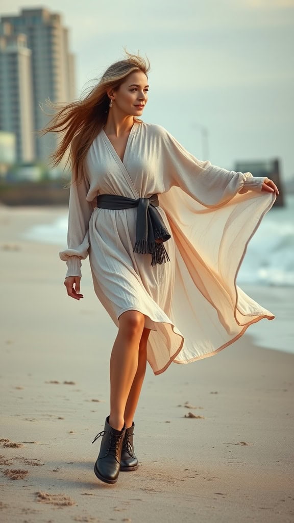 A woman walking along the beach wearing a flowy cover-up dress with ankle boots, enjoying a sunny day by the ocean.