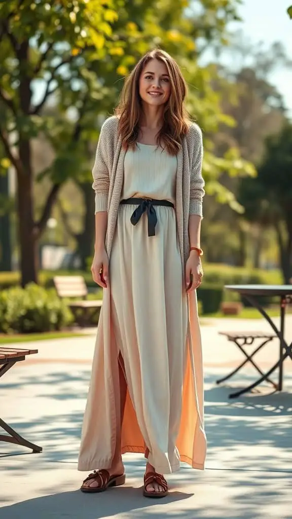 A woman in a flowy maxi dress paired with a cardigan, smiling in a park setting.