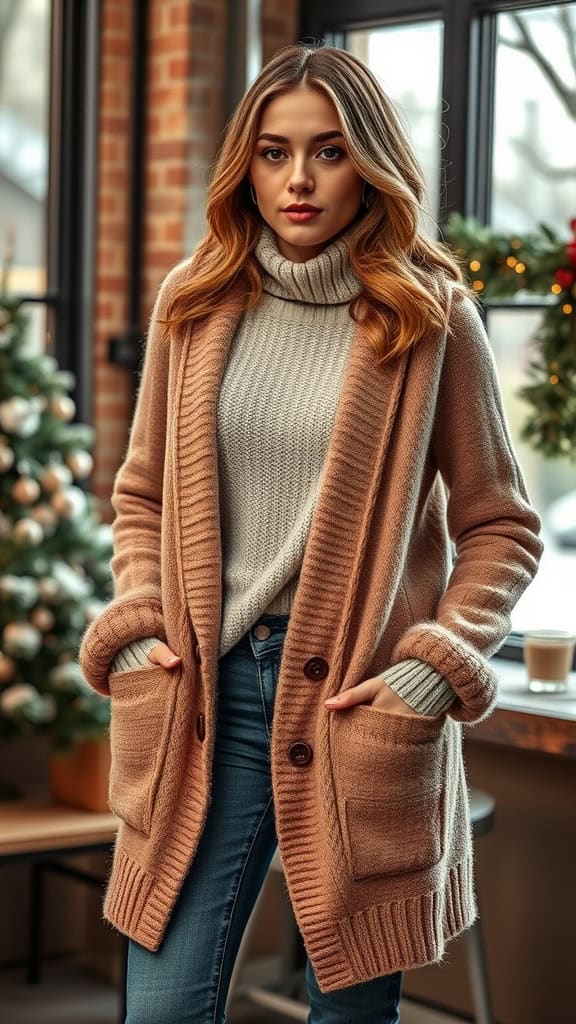 A woman wearing a fluffy cardigan over a thermal shirt, standing indoors by a large window decorated for the holidays.