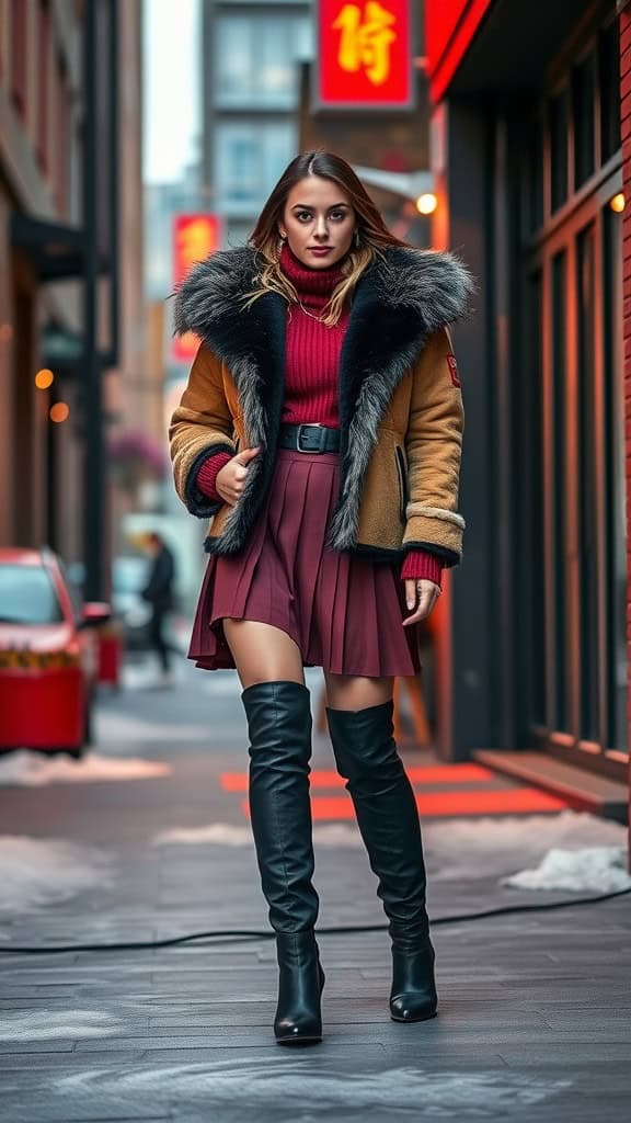 A model wearing a fur-trimmed jacket, pleated skirt, and knee-high boots in an urban setting.