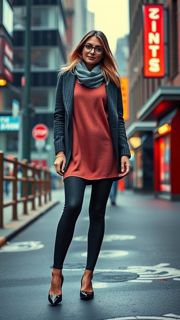 A woman wearing a stylish short dress with black leggings and ballet flats, standing on a city street.