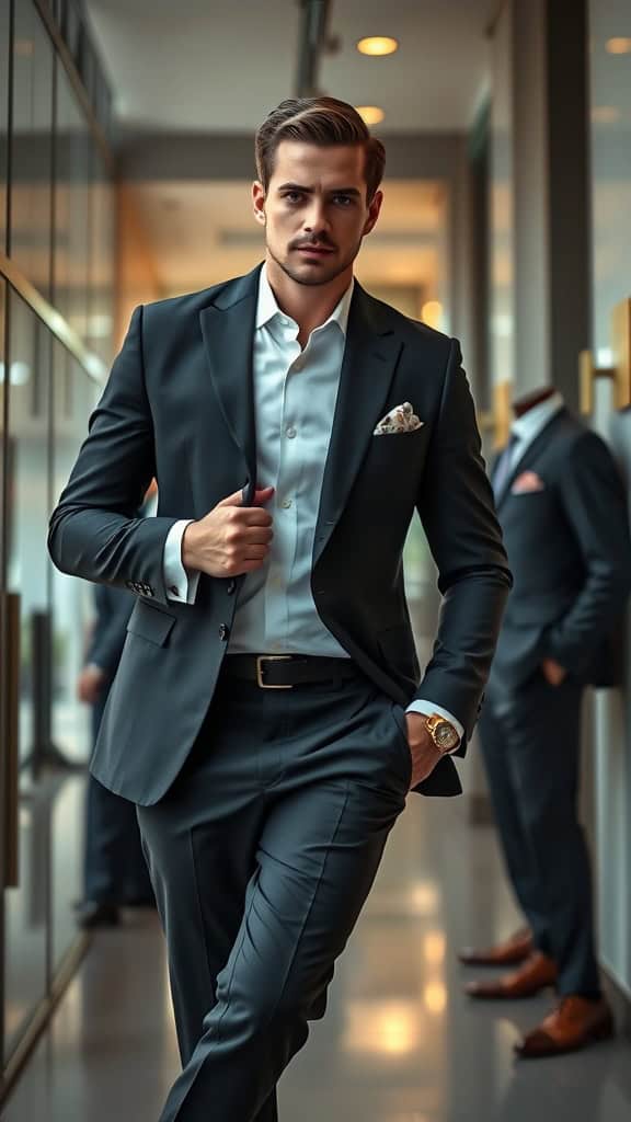 A man in a black suit with gold cufflinks and a patterned pocket square, showcasing a refined formal look.