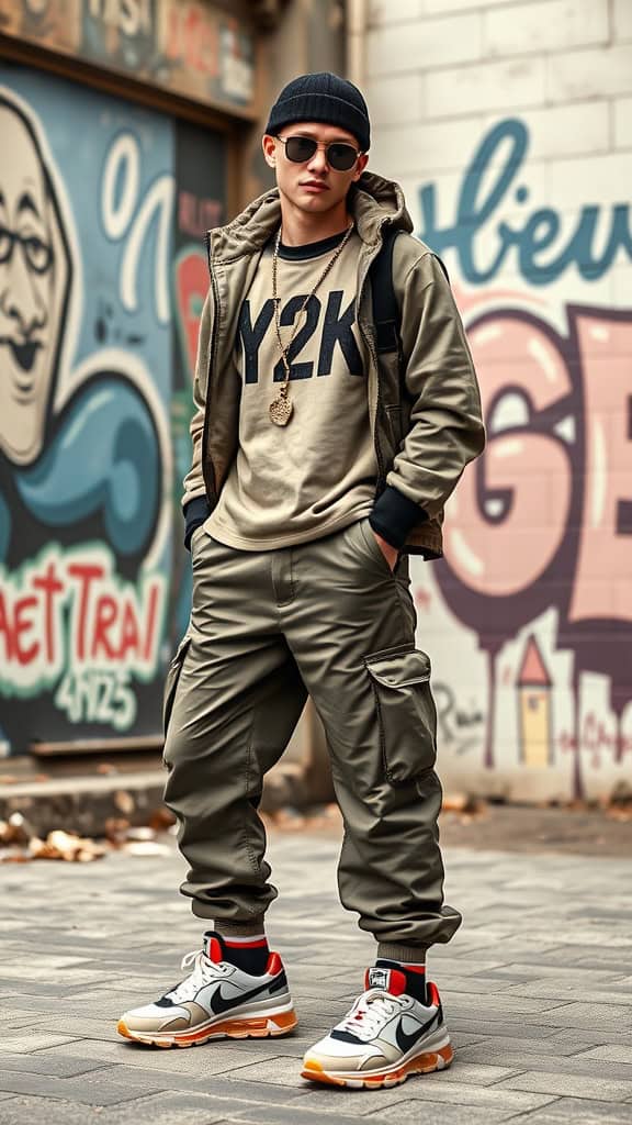 A stylish man wearing an oversized Y2K graphic tee, wide-leg cargo pants, and graphic sneakers, standing against a colorful graffiti wall.