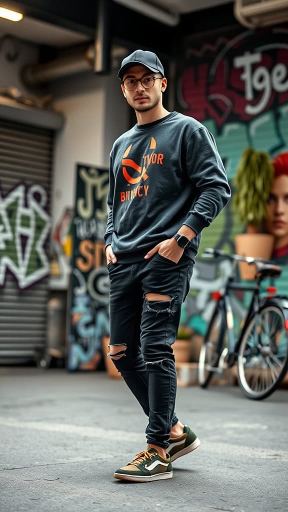 A man wearing a printed sweatshirt, ripped black jeans, and monochrome sneakers posing in an urban setting.