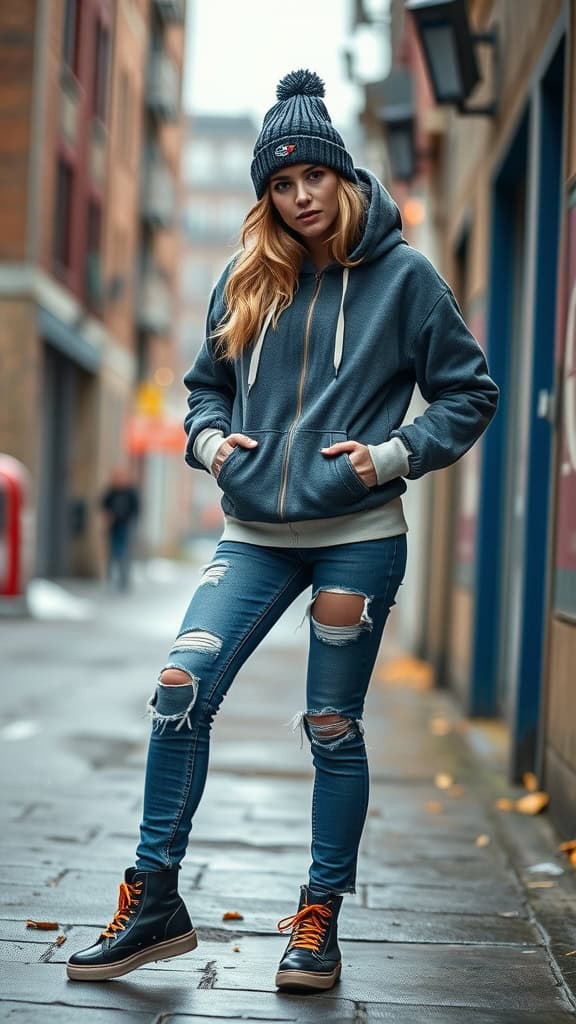 Model in a dark grey hoodie with ripped jeans and a beanie, posing in an urban environment