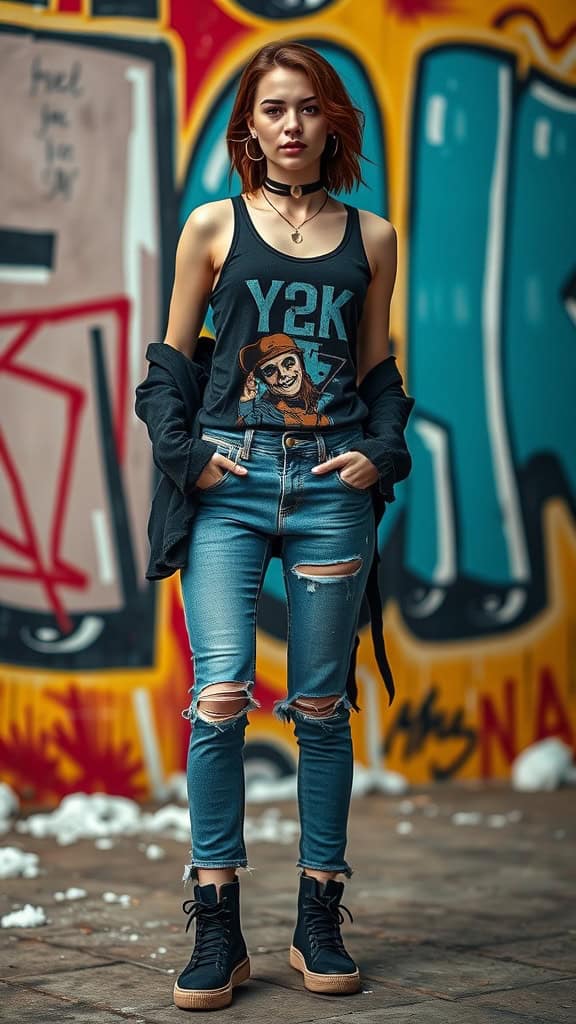 A young woman wearing a graphic tank top and ripped jeans, styled with a choker, posing against a colorful graffiti wall.