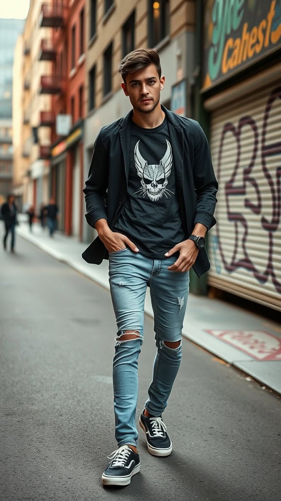 A man wearing a bold graphic tee, distressed jeans, and Vans sneakers while walking down an urban street.