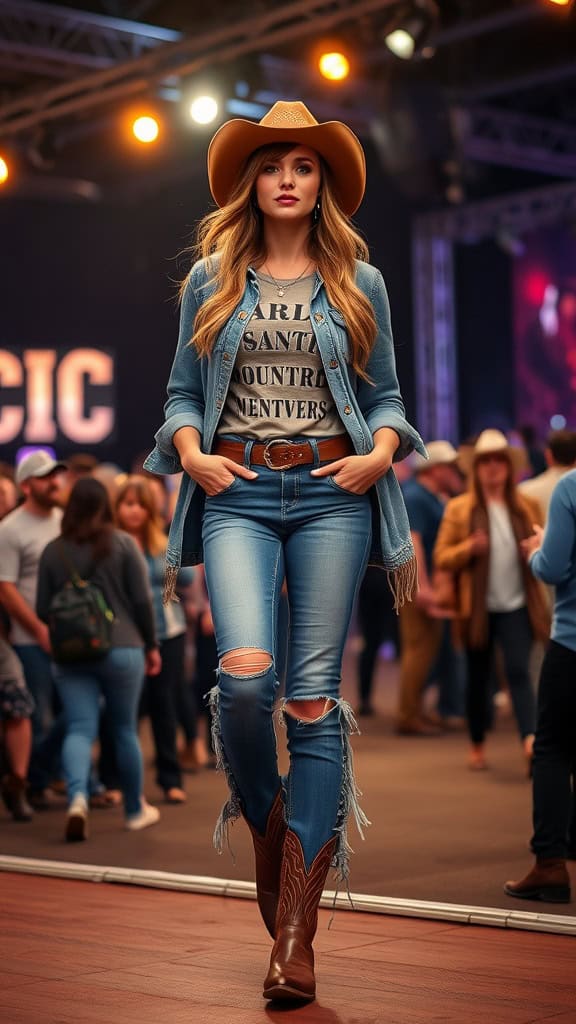 Woman wearing a graphic tee and high-waisted jeans, accessorized with cowboy boots and a denim jacket, at a country concert.