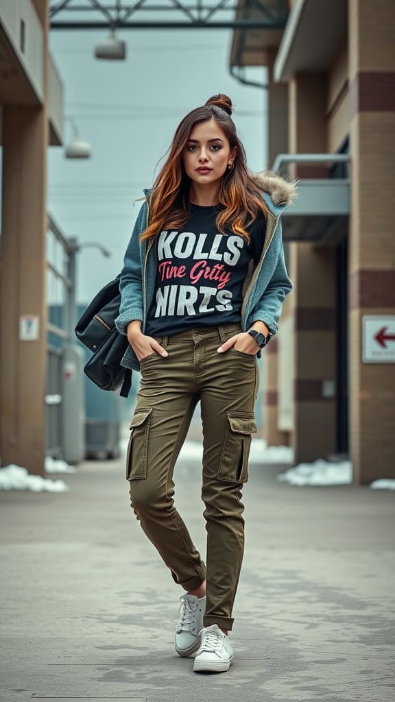 A trendy casual outfit featuring a bold graphic tee with cargo pants, showcasing a stylish and comfortable look.