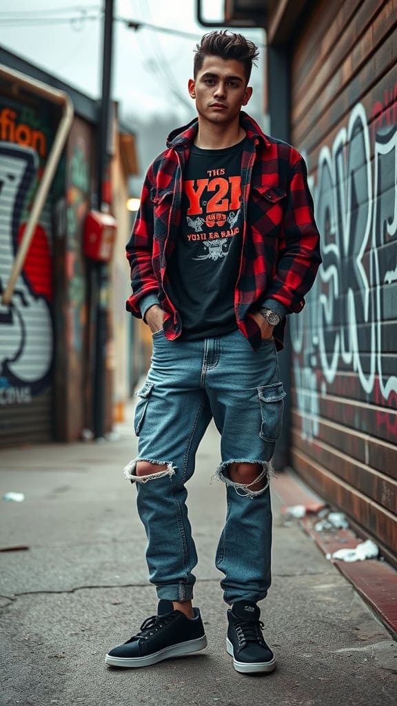 A young man in a grunge outfit featuring ripped baggy jeans, a black band tee, and an oversized plaid shirt, standing in an urban setting.