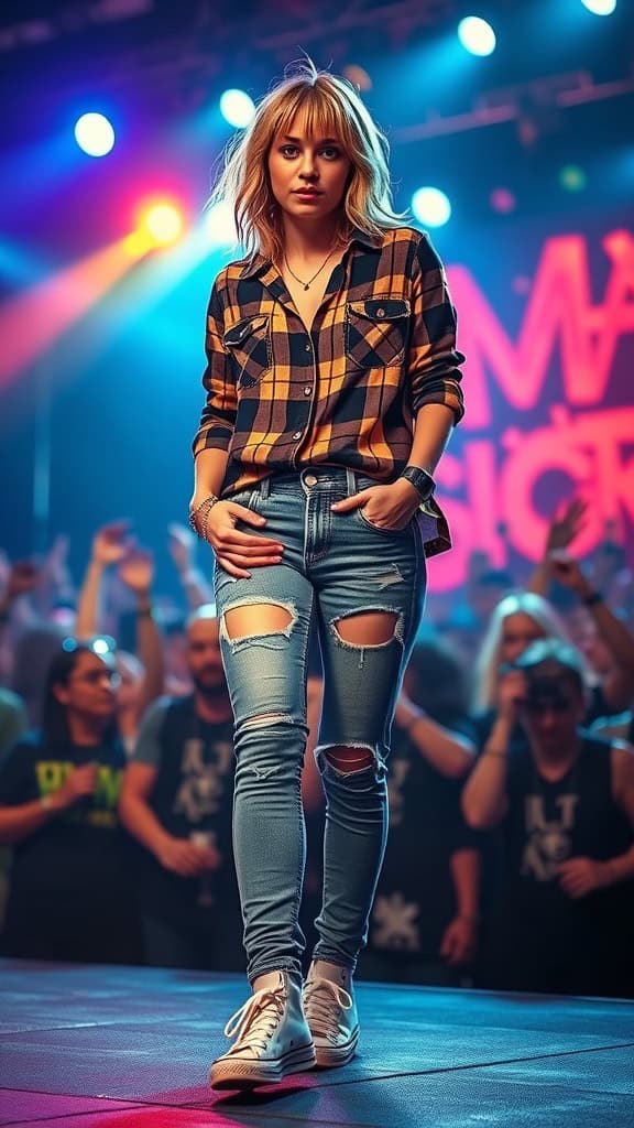 A person wearing a flannel shirt, ripped jeans, and Converse sneakers at a concert.